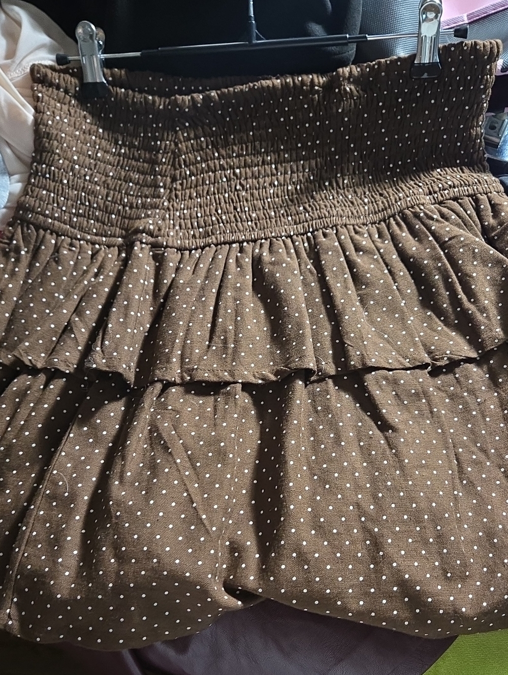 Smocked Waist Brown Polka Dot Mini Skirt